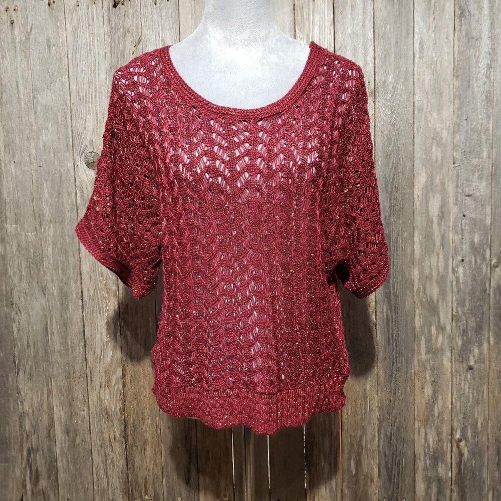 Dressbarn M‎ Sweater Burgundy Gold Metallic Short Sleeve Crochet Lace Women's